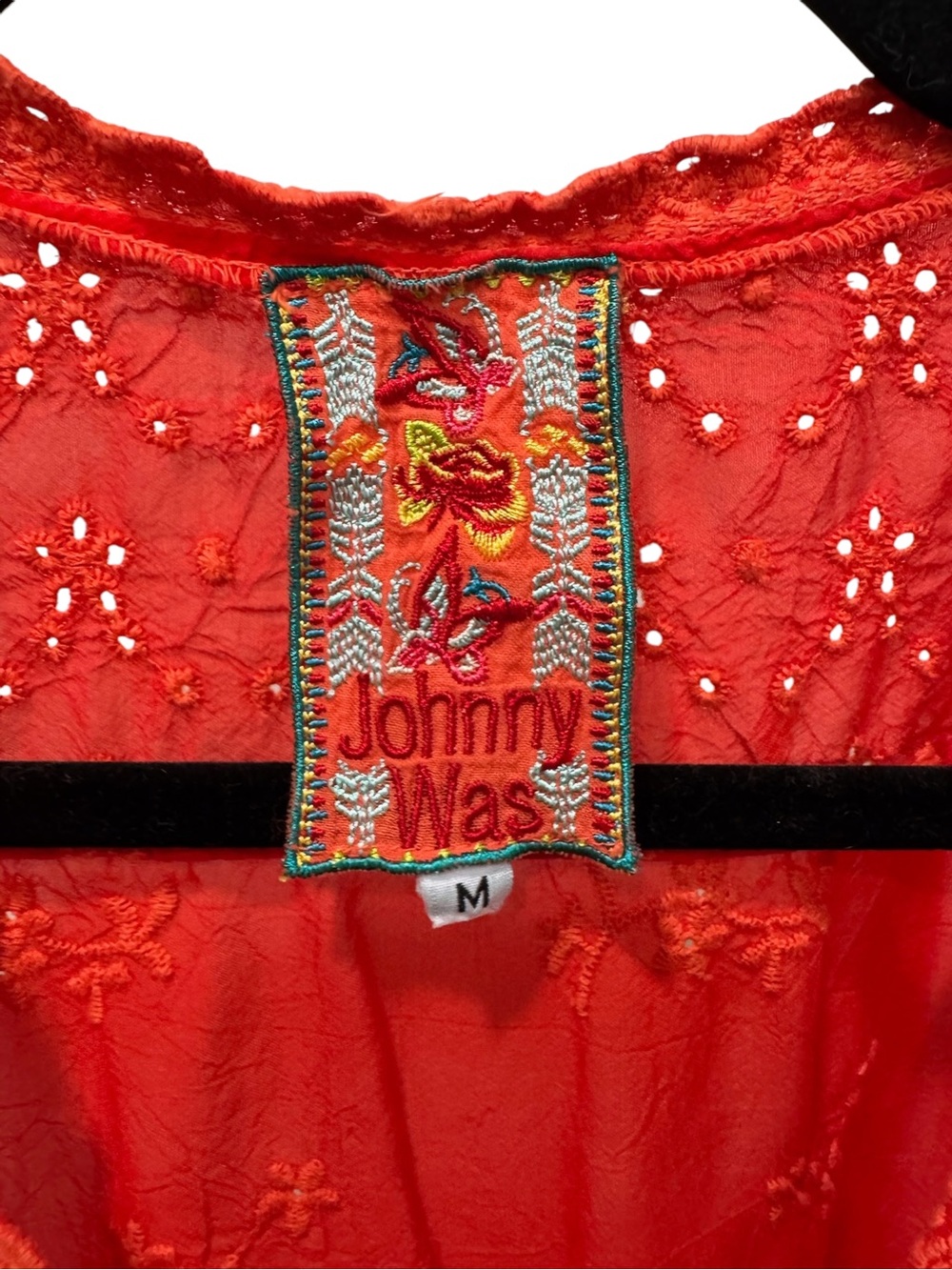 Johnny Was Orange Embroidered Cupra Rayon Handkerchief Hem Tunic Top Sz M - Picture 5 of 7